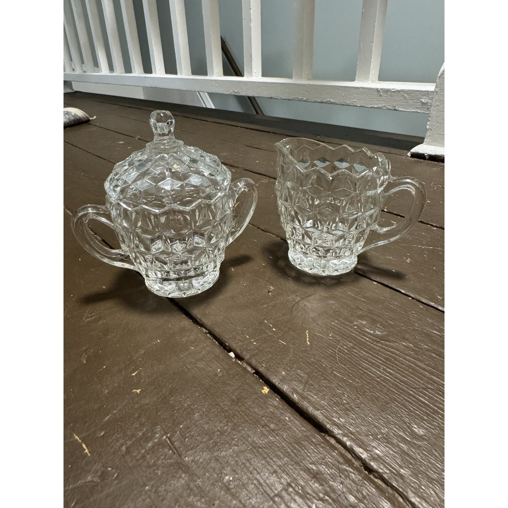 Vintage Indiana Glass American Whitehall Cubist  Sugar Bowl w/ Lid And‎ Creamer